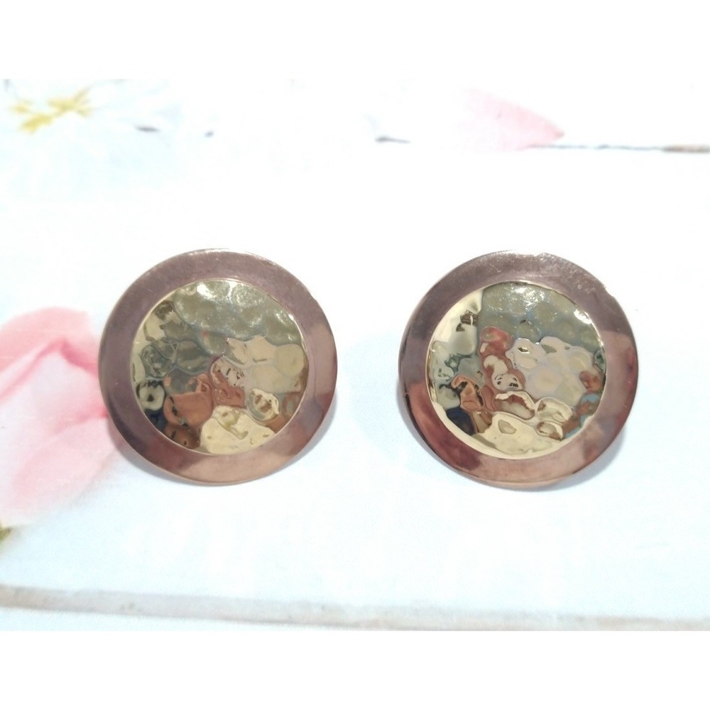 Vintage Round Two-Tone Hammered Disc Stud Earrings Rose Yellow Gold Tone EC2